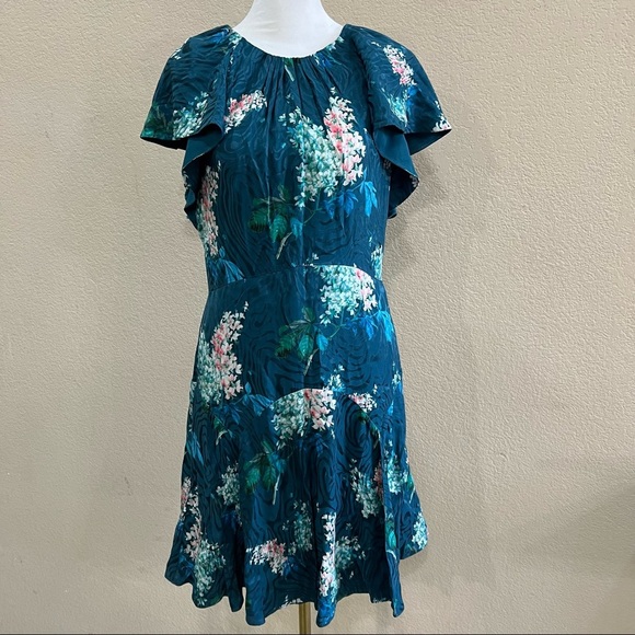 REBECCA TAYLOR Hydrangea Floral Silk Teal Shift Mini Dress Sz 8 MSRP $395 Party - Picture 12 of 14